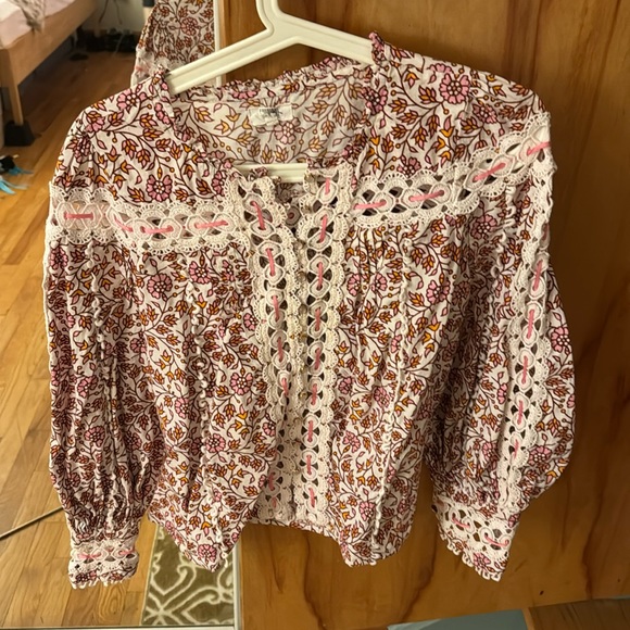 Anthropologie RAHI Boho Brayden Balloon Sleeve Lace Pink Floral Blouse Size XS - Picture 1 of 3